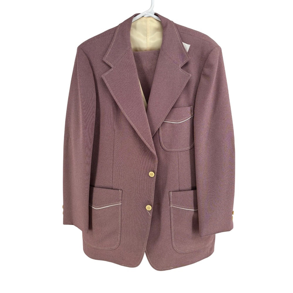 Vtg Johnny Carson Wallachs Mauve 3 Piece Suit 70s Retro Contrast Stitch 35x31